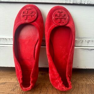 Tory Burch Ruby Red Suede Minnie Travel Ballet Flat Logo Women's Size 5